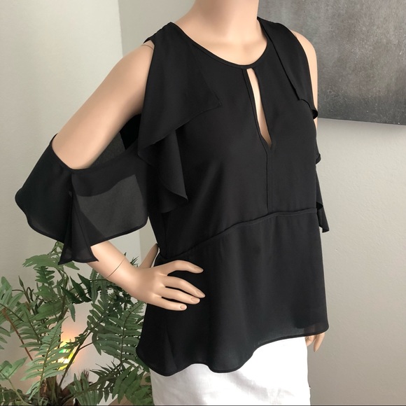 Joseph Ribkoff Black Ruffled Cold Shoulder Top - Picture 10 of 10